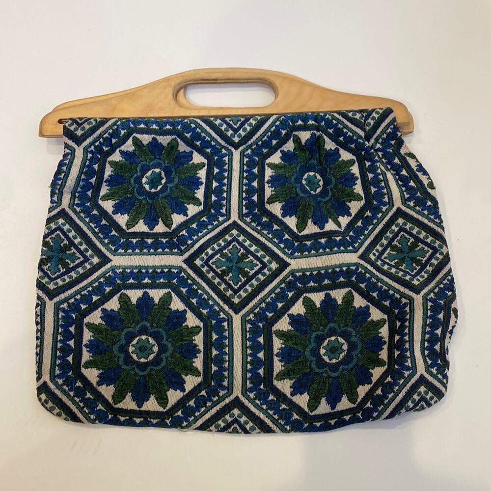 Vintage Floral Tapestry Clutch w/ Wood Top/Handles 1960s Boho Hippie EUC OS